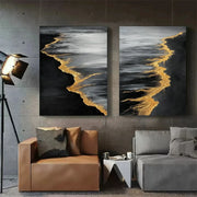 Black & Gold Ocean And Sky Abstract Textured Set of 2 Canvas Art #OS 313