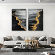 Black & Gold Ocean And Sky Abstract Textured Set of 2 Canvas Art #OS 313