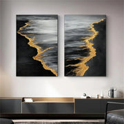 Black & Gold Ocean And Sky Abstract Textured Set of 2 Canvas Art #OS 313