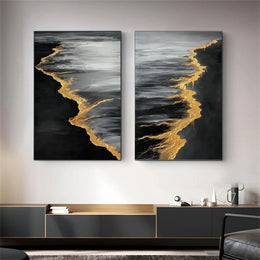Black & Gold Ocean And Sky Abstract Textured Set of 2 Canvas Art #OS 313