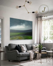Large Green Landscape Oil Painting | Abstract Sky Art on Canvas