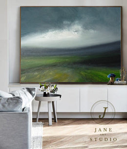Large Green Landscape Oil Painting | Abstract Sky Art on Canvas